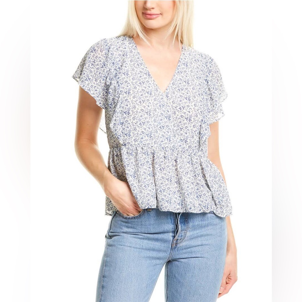 Madewell georgette ruffle sleeve peplum blue & white floral top